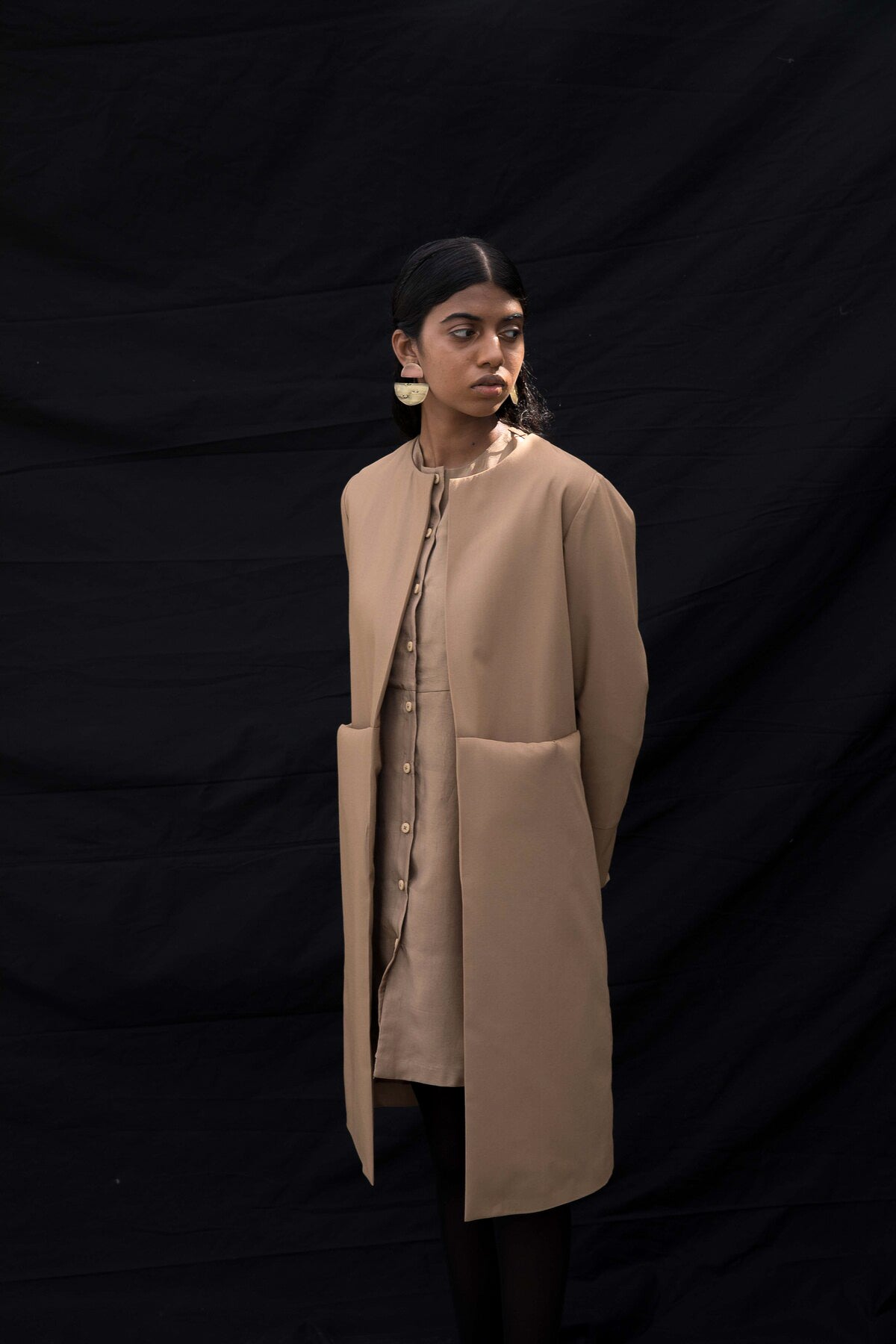 Walnut Beige Open-Front Coat